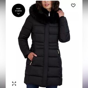 Tahari Black Puffer Coat with Fur Trim